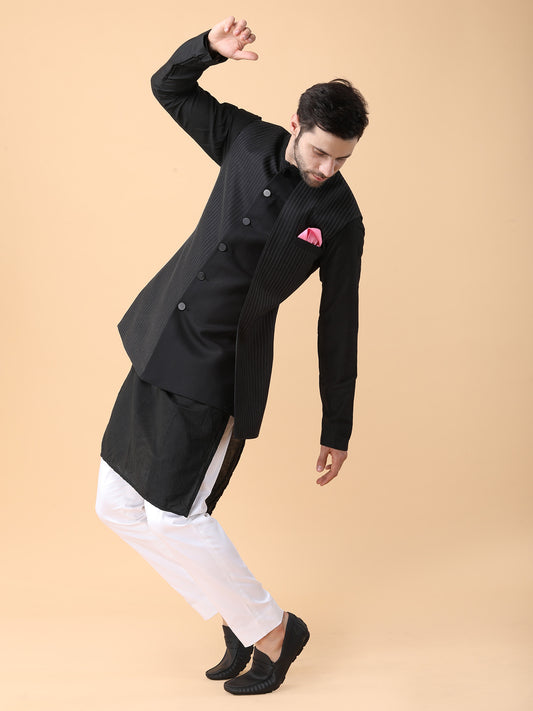 Black Panelled Nehru Jacket Set