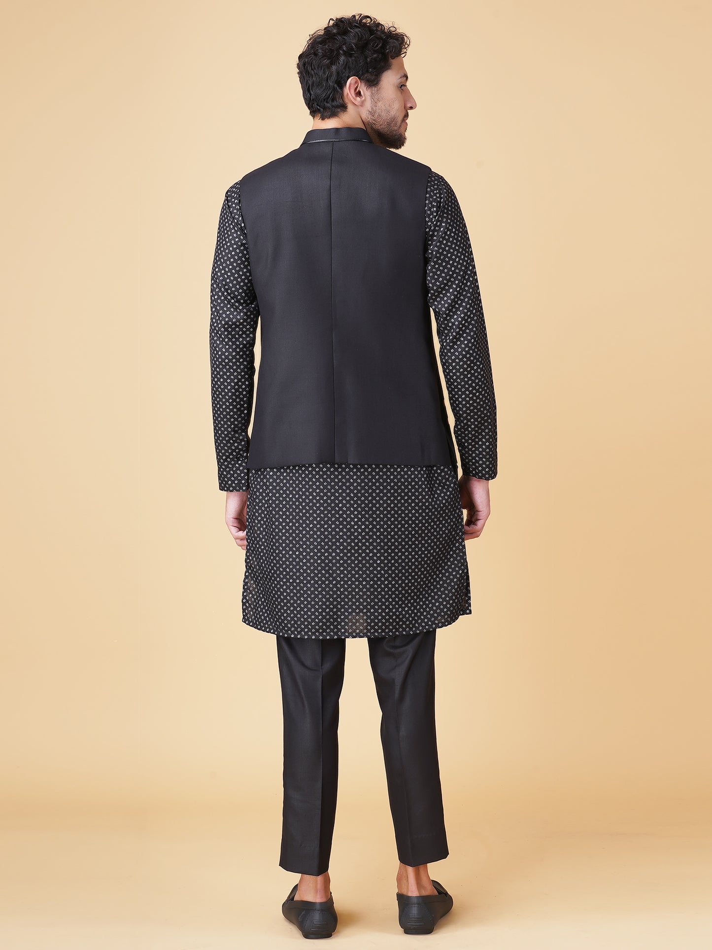 Black Asymmetric Printed Nehru Jacket Set