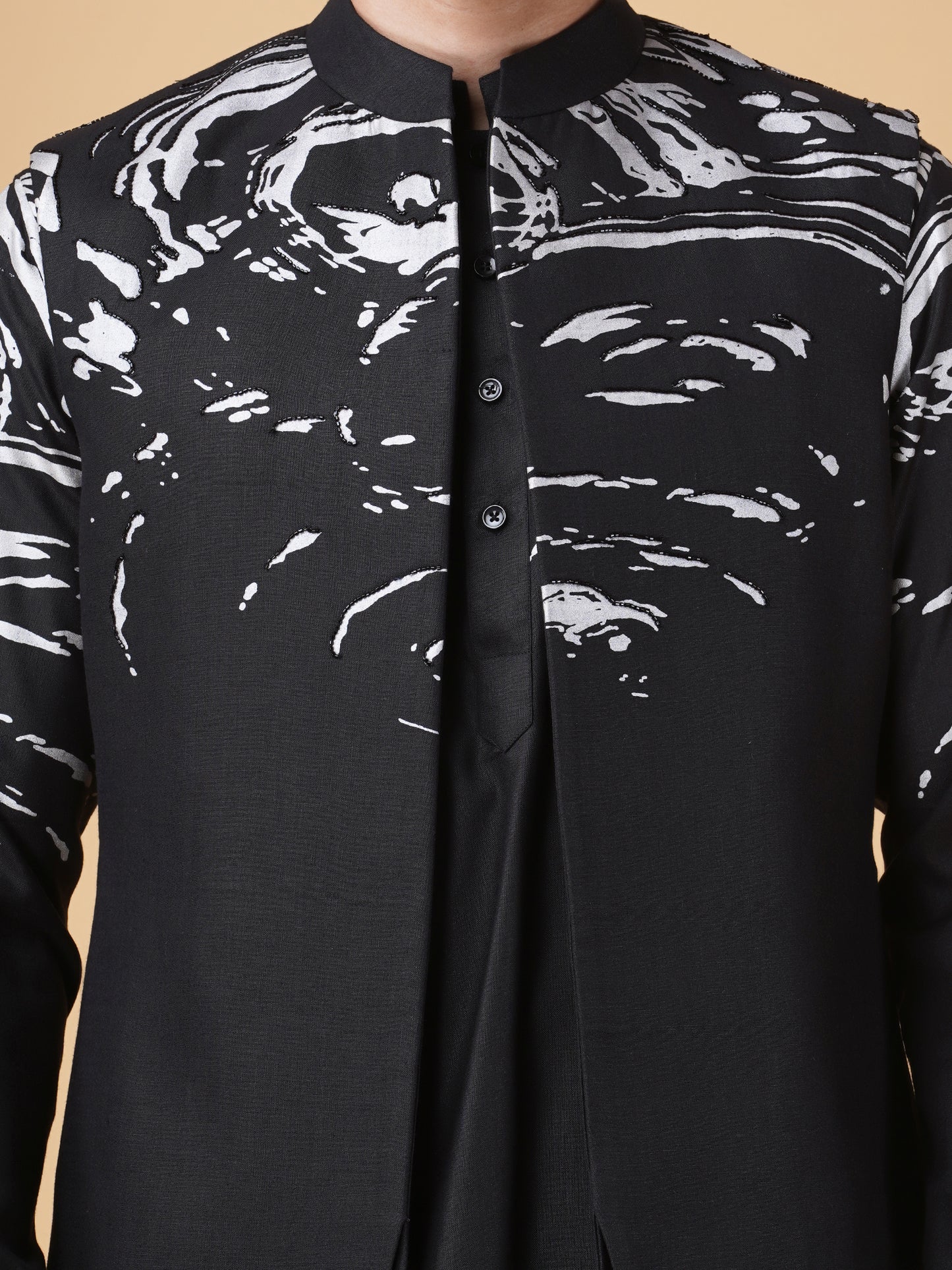 Black Placement Printed Longline Bundi Jacket Set