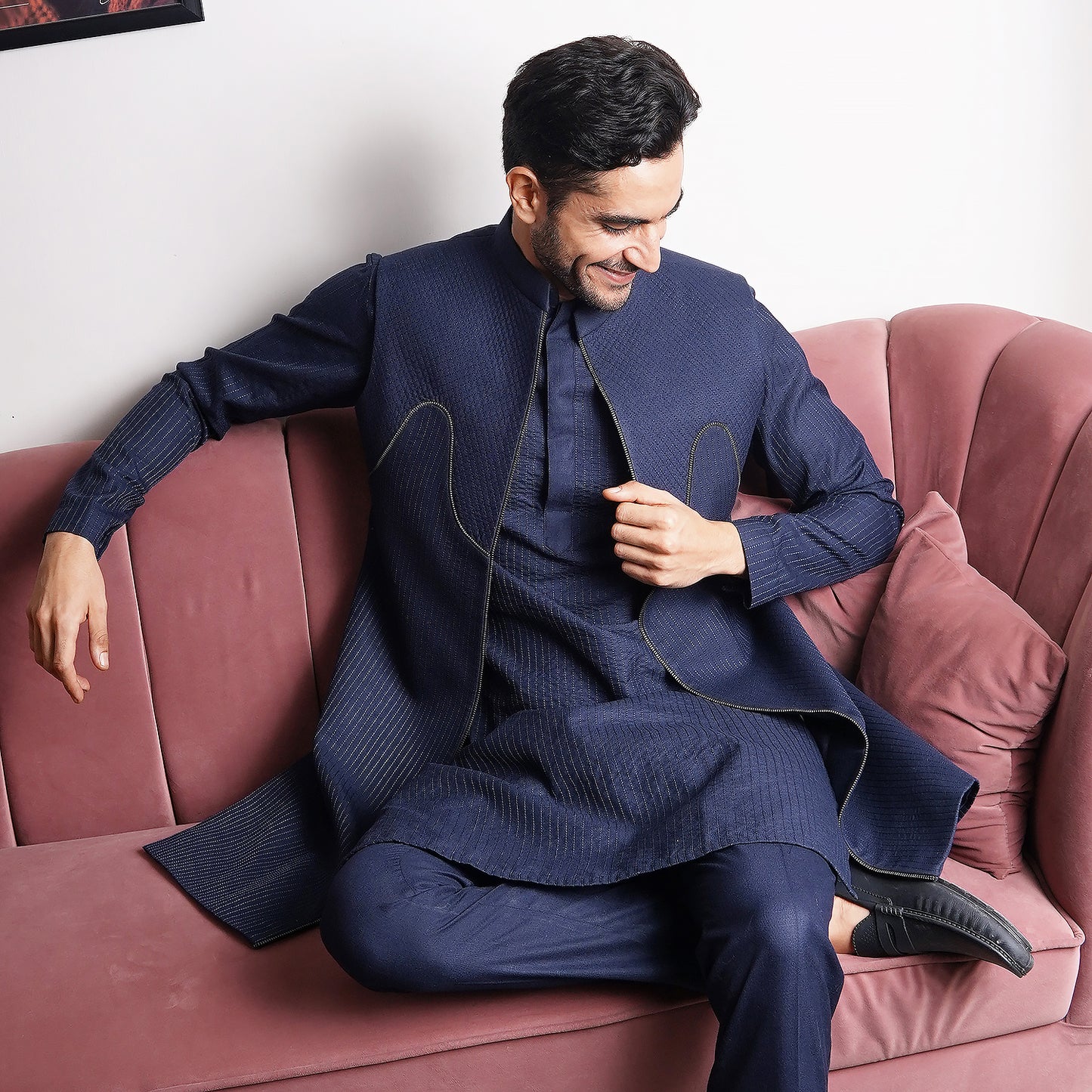 Navy Blue Longline Bundi Jacket Set