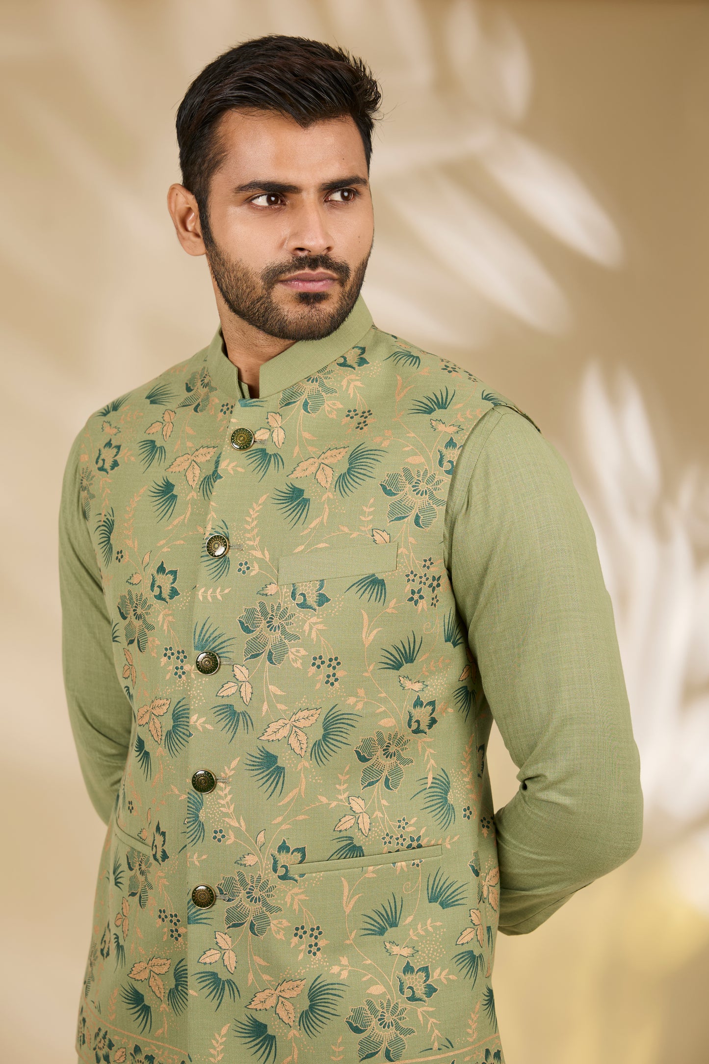 Green Ruby Silk Floral Printed Bundi Jacket Set
