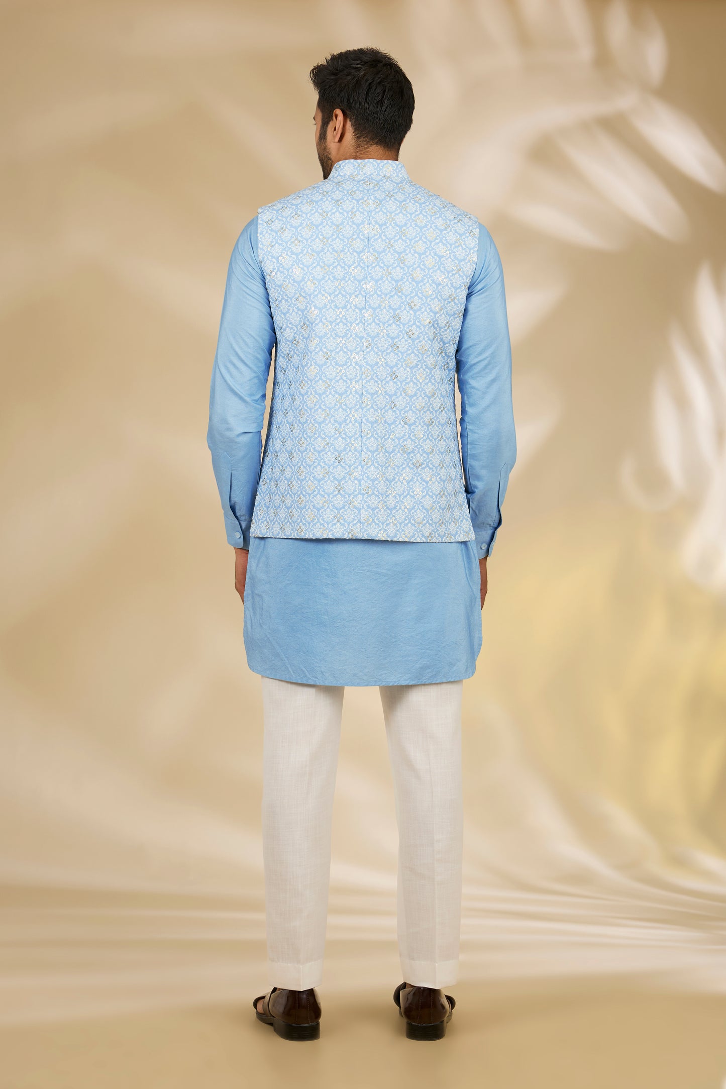 Blue Cotton Silk Printed Bundi Jacket Set