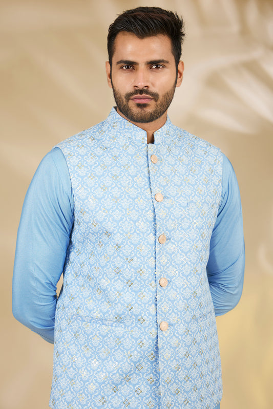 Blue Cotton Silk Printed Bundi Jacket Set