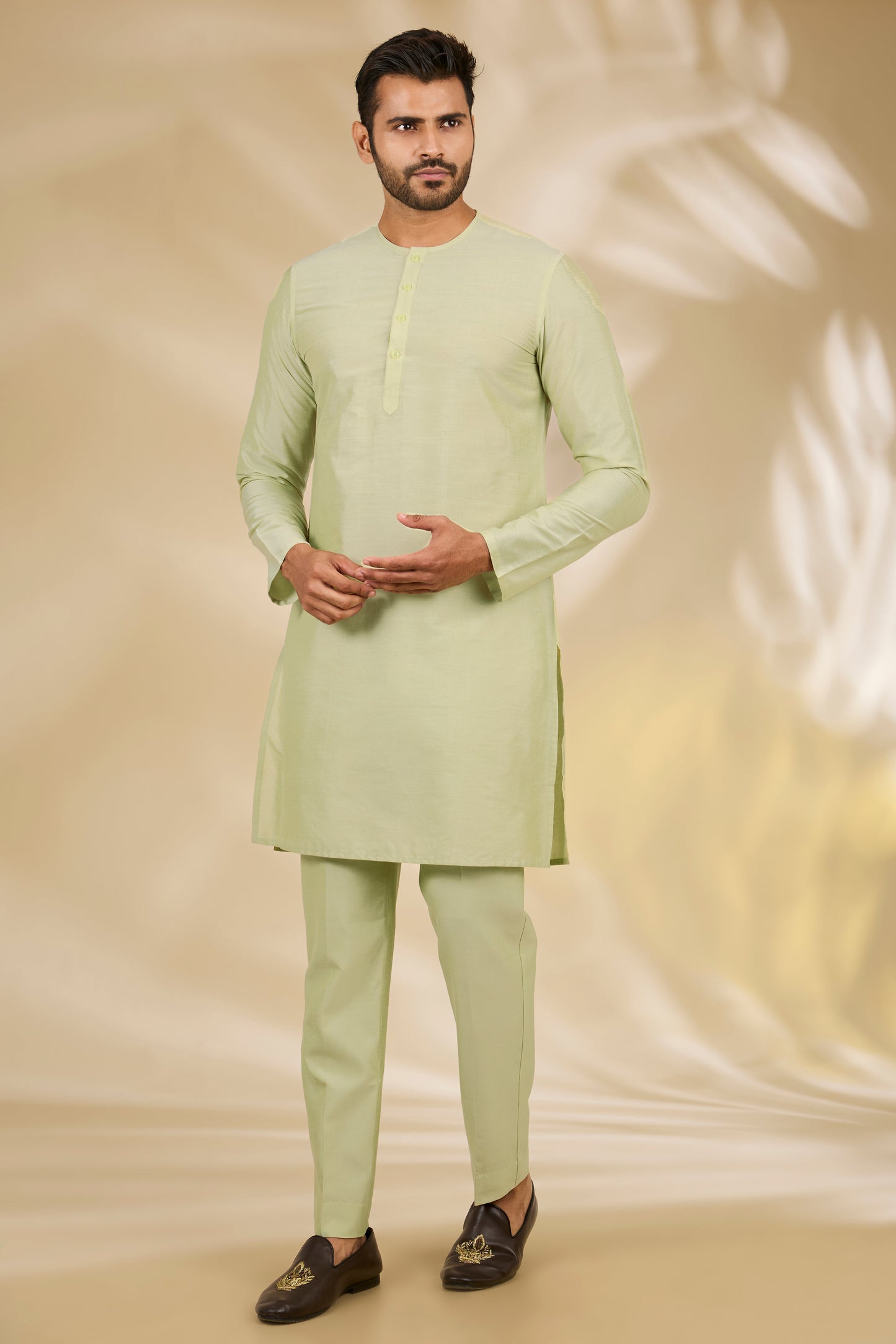 Green Cotton Silk Digital Printed Bandhgala Set