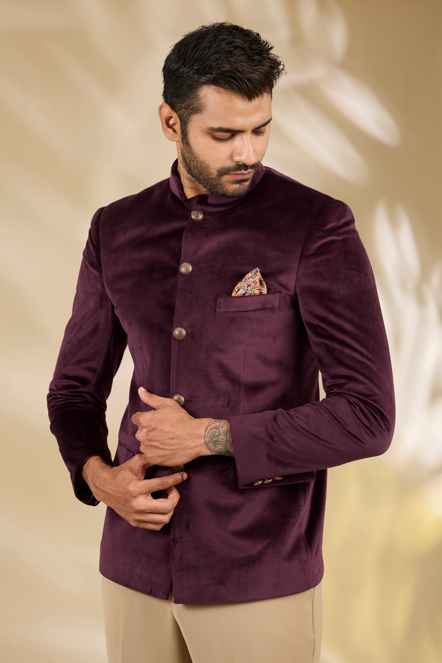 Wine Velvet Bandhgala Set