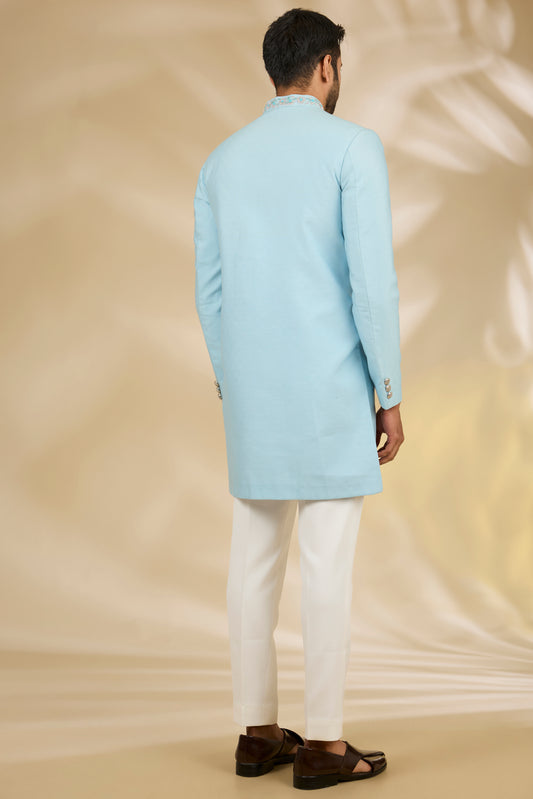 Blue Viscose, Brocade Embroidery Sherwani Set