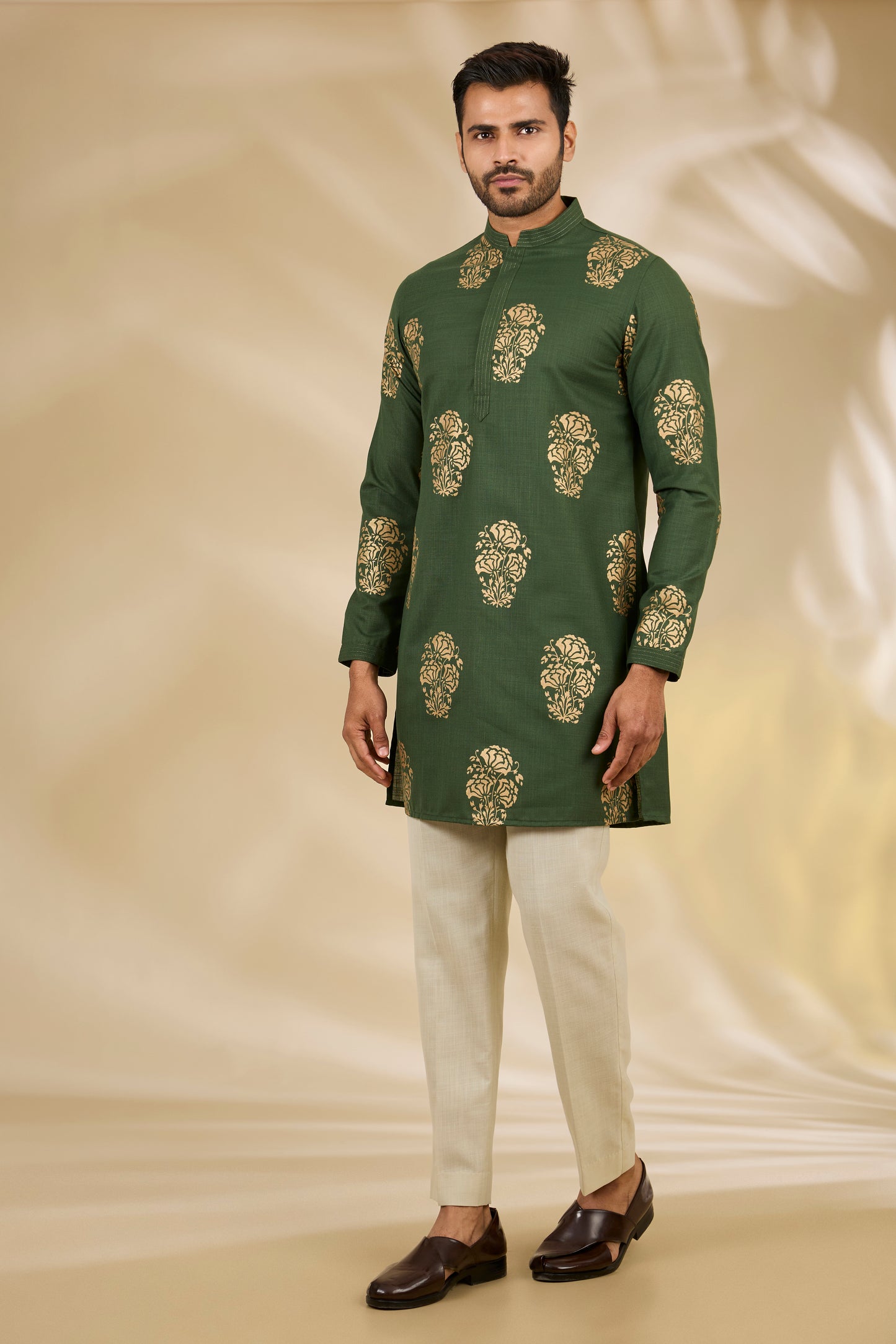 Green Silk Floral Print Bundi And Kurta Set