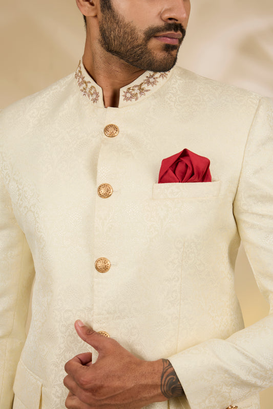 Ivory Viscose, Brocade Embroidery Placement Bandhgala Set