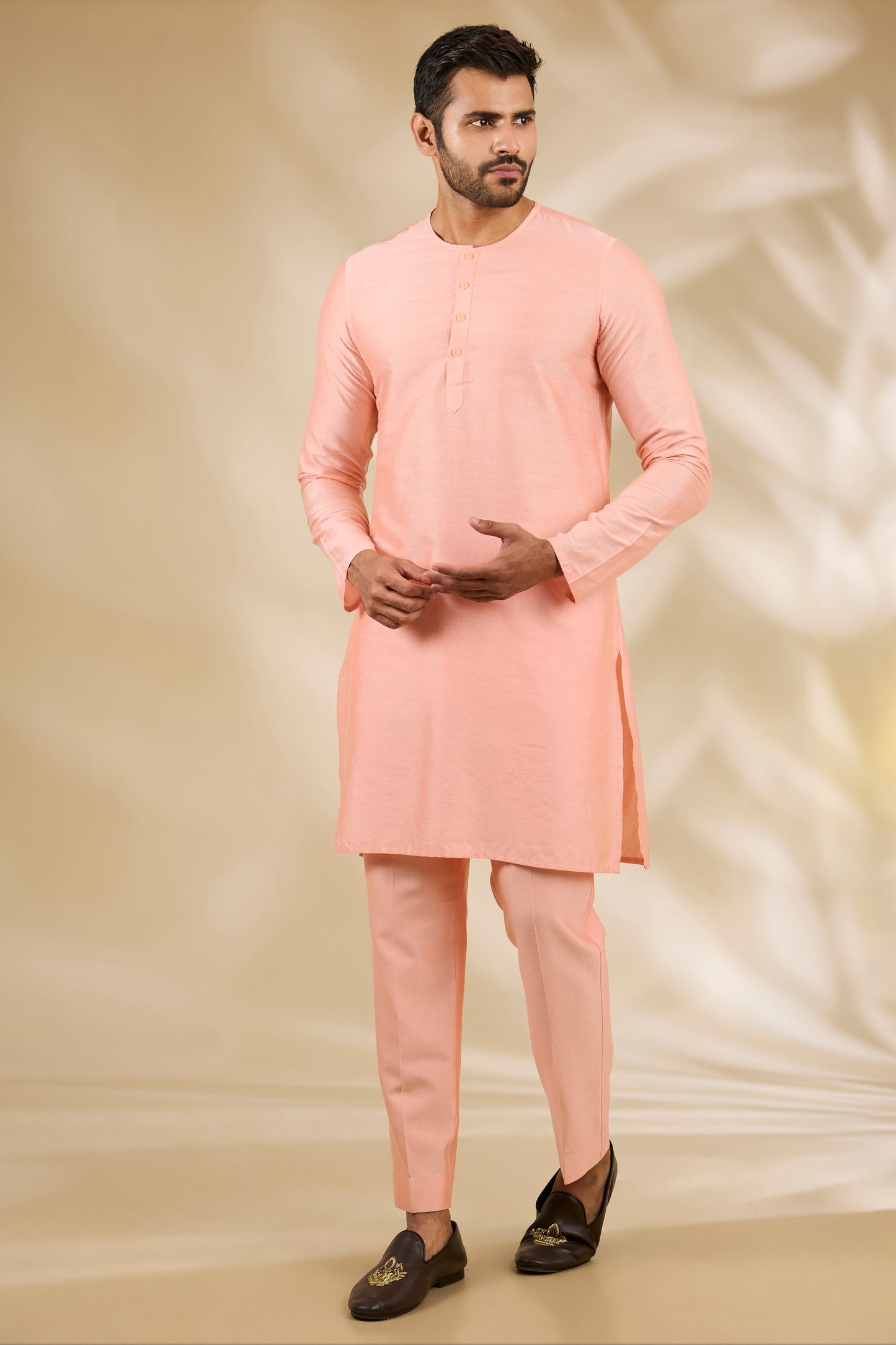 Peach Art Silk Thread Embroidered Bandhgala Set