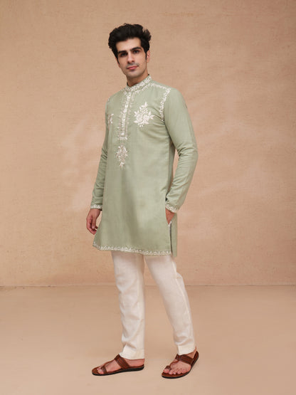 Green Ruby Silk Resham Embroidered Kurta Set