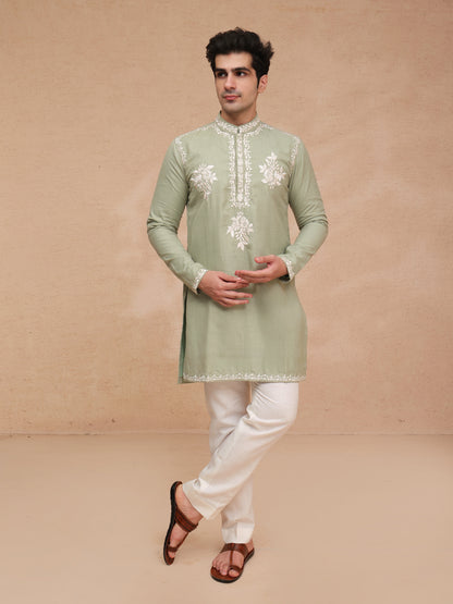 Green Ruby Silk Resham Embroidered Kurta Set