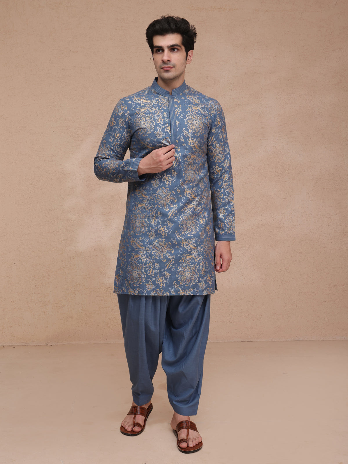 Blue Silk Printed Kurta Set