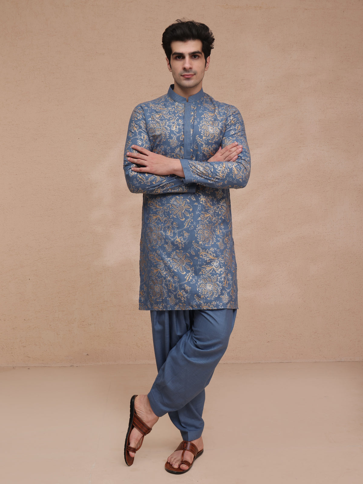 Blue Silk Printed Kurta Set
