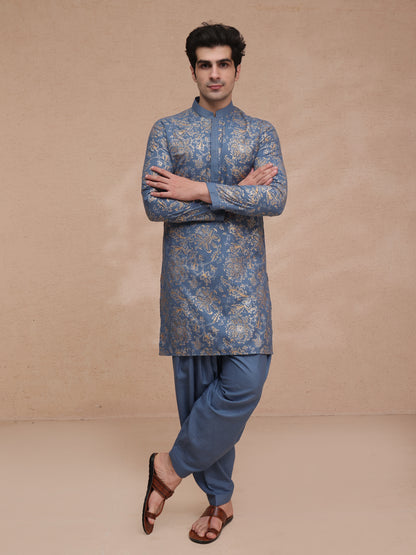 Blue Silk Printed Kurta Set