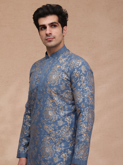 Blue Silk Printed Kurta Set
