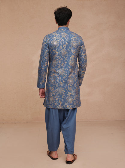 Blue Silk Printed Kurta Set