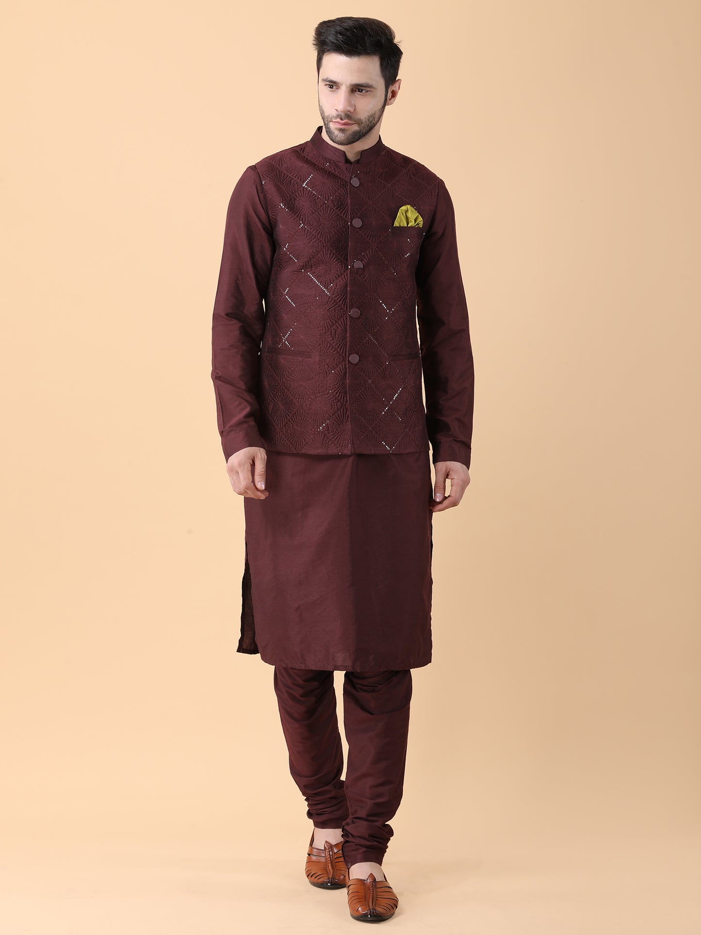 Wine Silk, Cotton Sequins Embroidered Bundi Jacket And Kurta Set