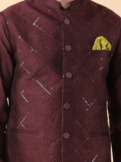 Wine Silk, Cotton Sequins Embroidered Bundi Jacket And Kurta Set
