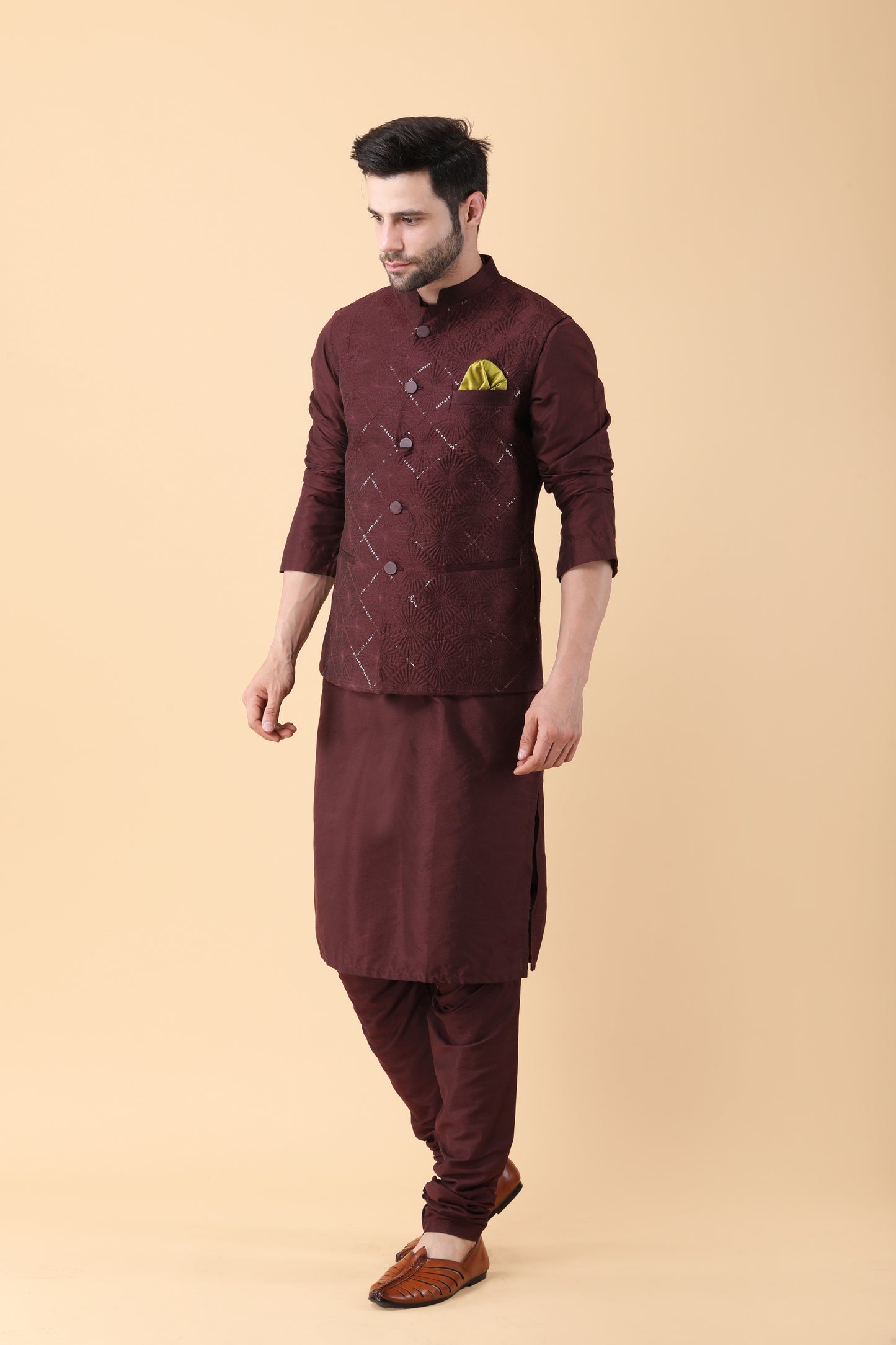 Wine Silk, Cotton Sequins Embroidered Bundi Jacket And Kurta Set