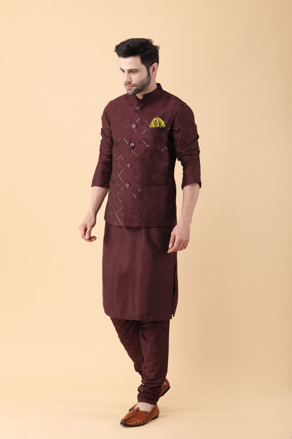 Wine Silk, Cotton Sequins Embroidered Bundi Jacket And Kurta Set