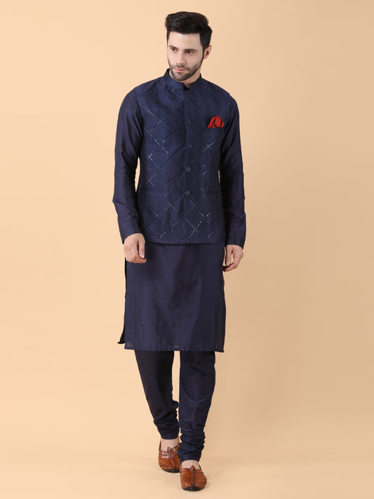 Navy Blue Quilted Nehru Jacket Set