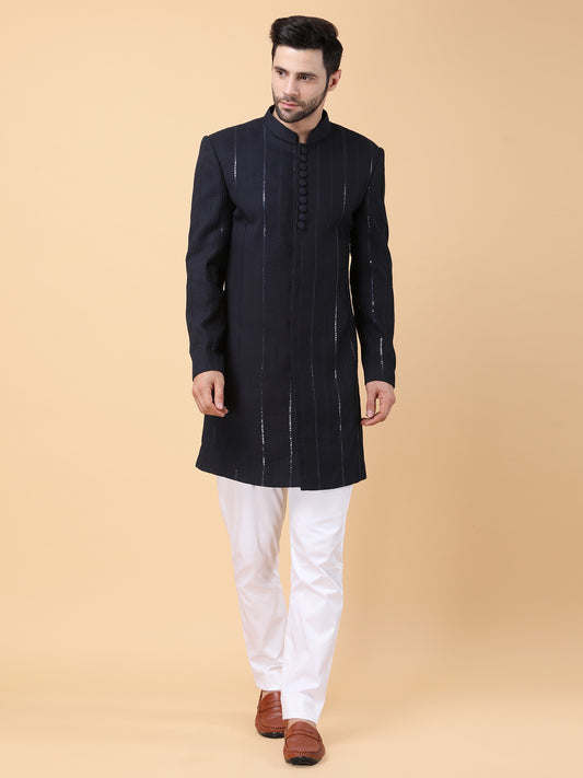 Navy Blue Indo Western Set with Pintucks and Hand Embroidery