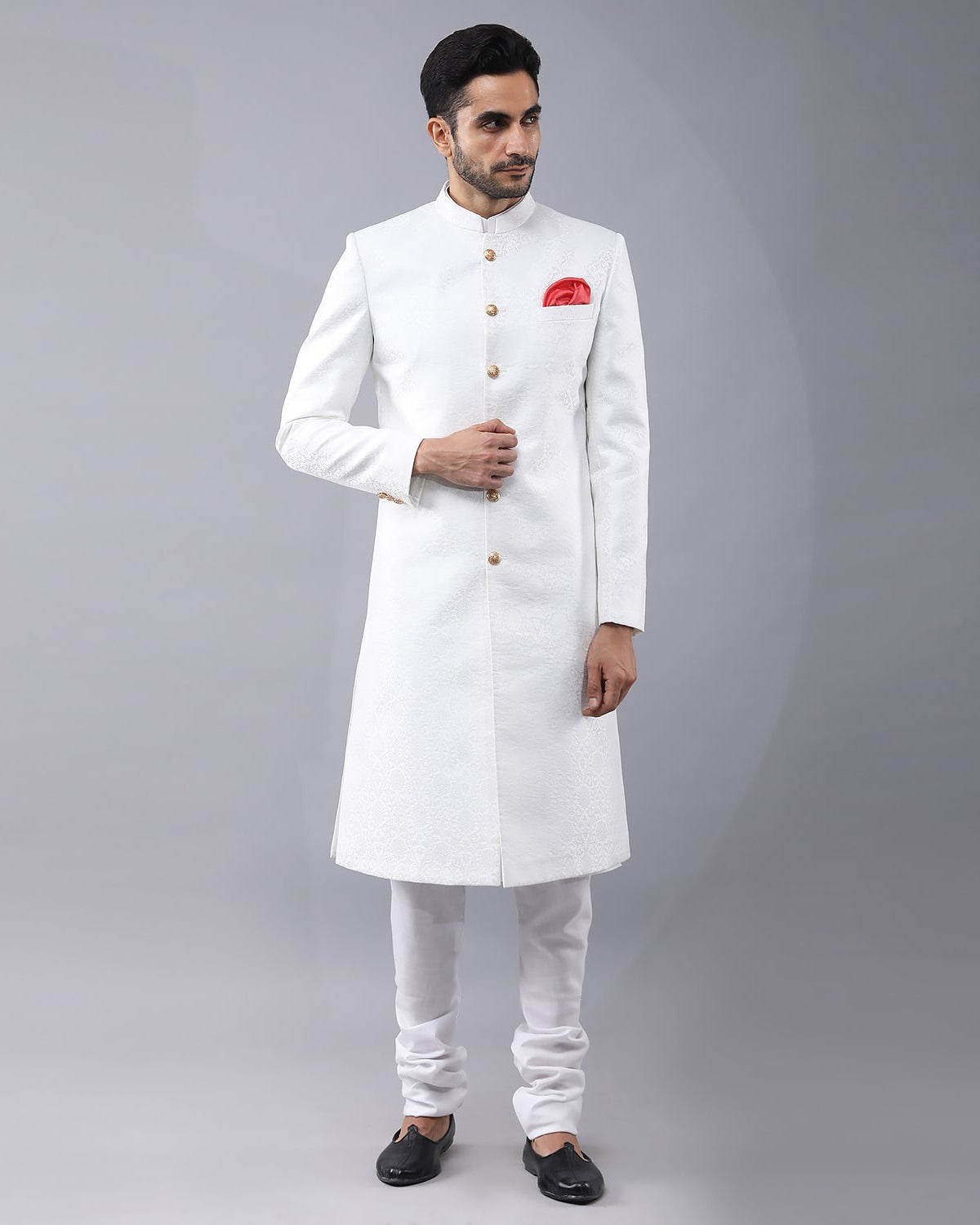 White Banarasi Brocade Sherwani Set