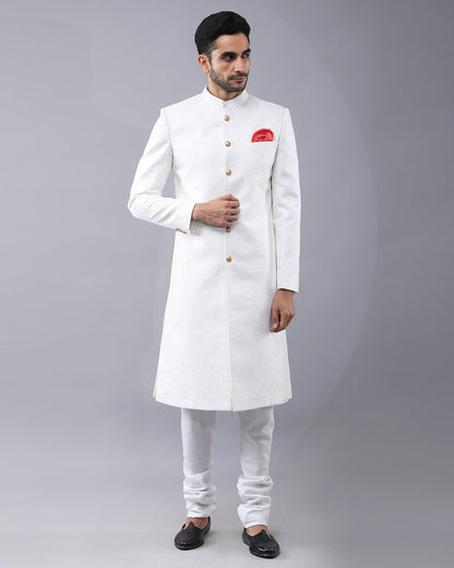 White Banarasi Brocade Sherwani Set