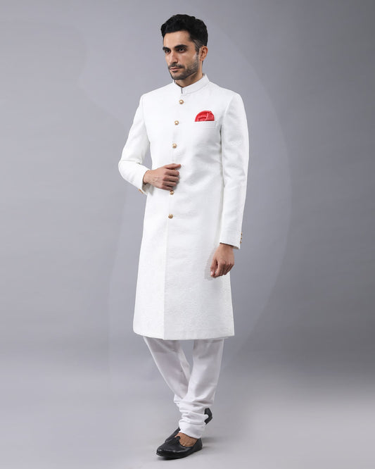 White Banarasi Brocade Sherwani Set