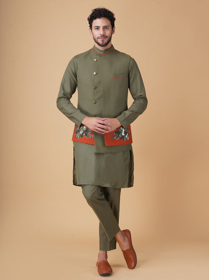 Emerald Green Asymmetric Nehru Jacket Set