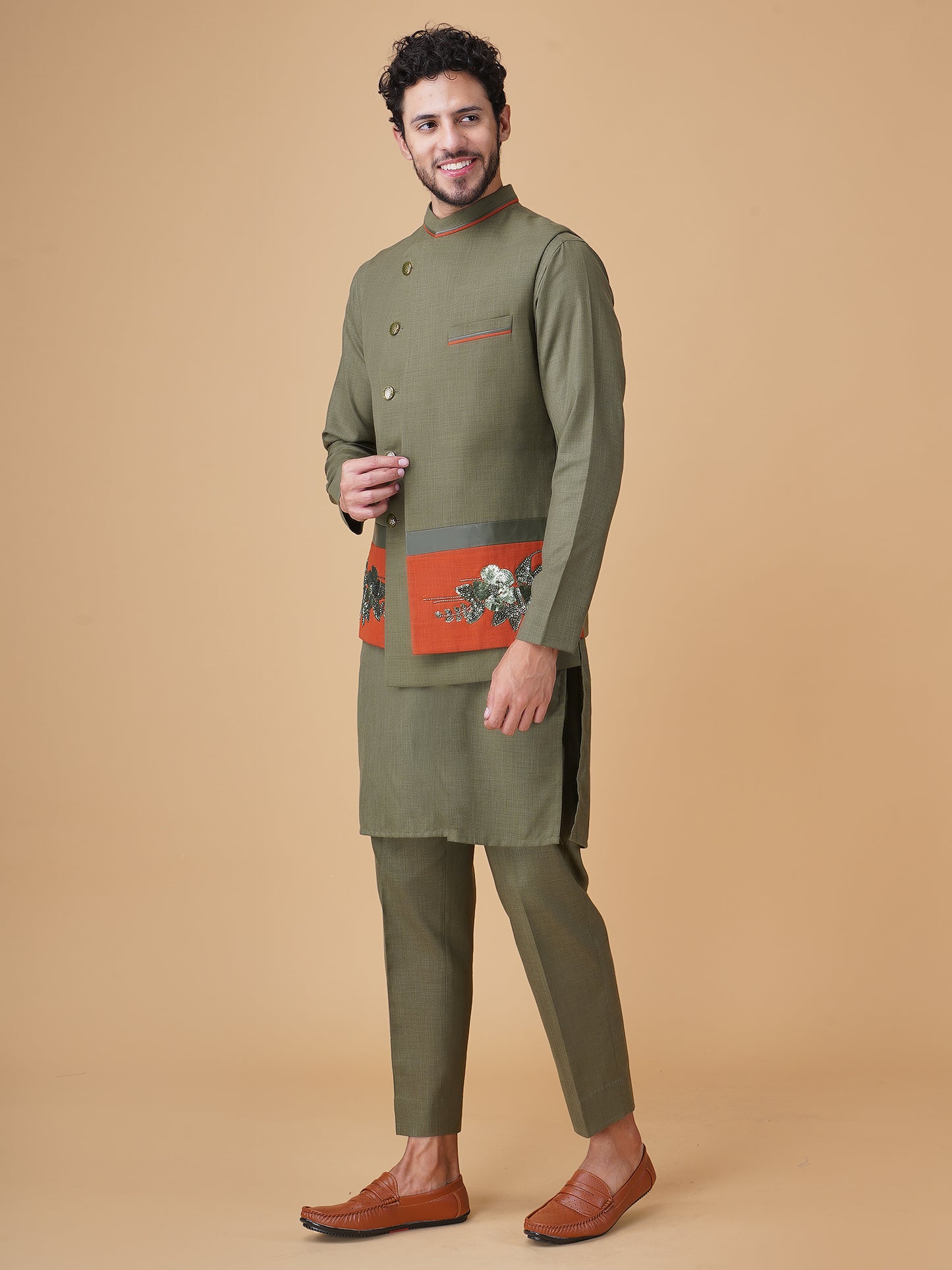 Emerald Green Asymmetric Nehru Jacket Set