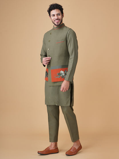 Emerald Green Asymmetric Nehru Jacket Set