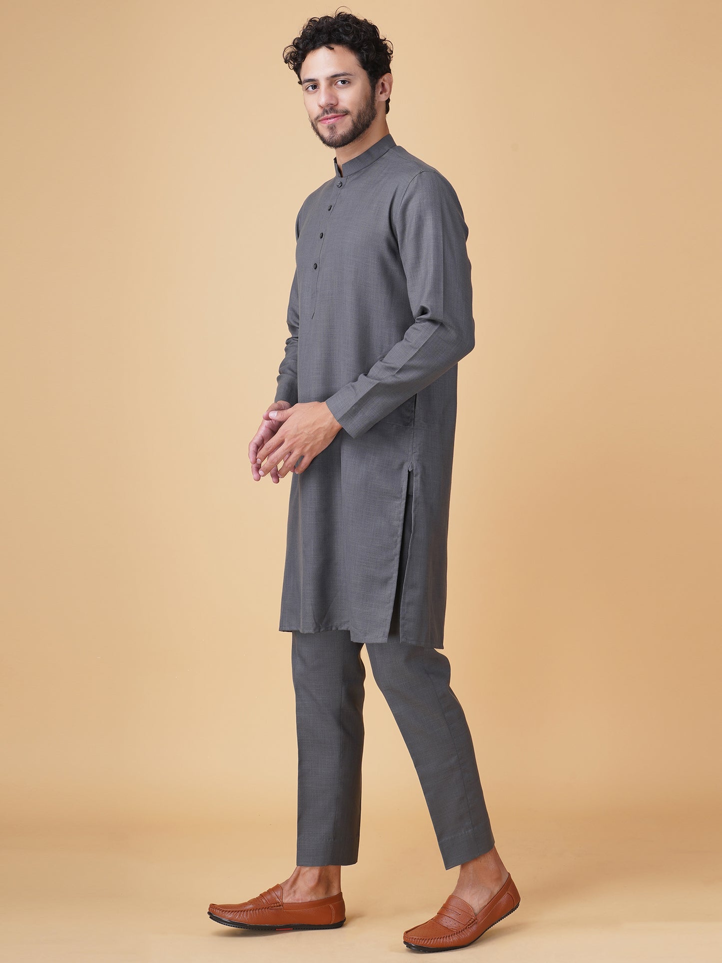 Grey Asymmetric Printed Nehru Jacket Set
