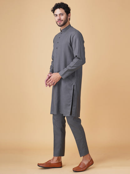Grey Asymmetric Printed Nehru Jacket Set