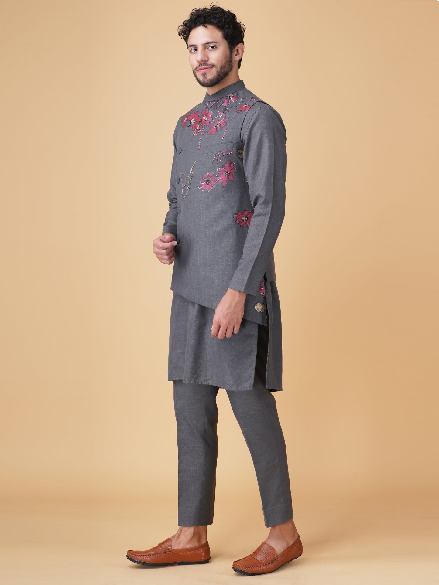 Grey Asymmetric Printed Nehru Jacket Set