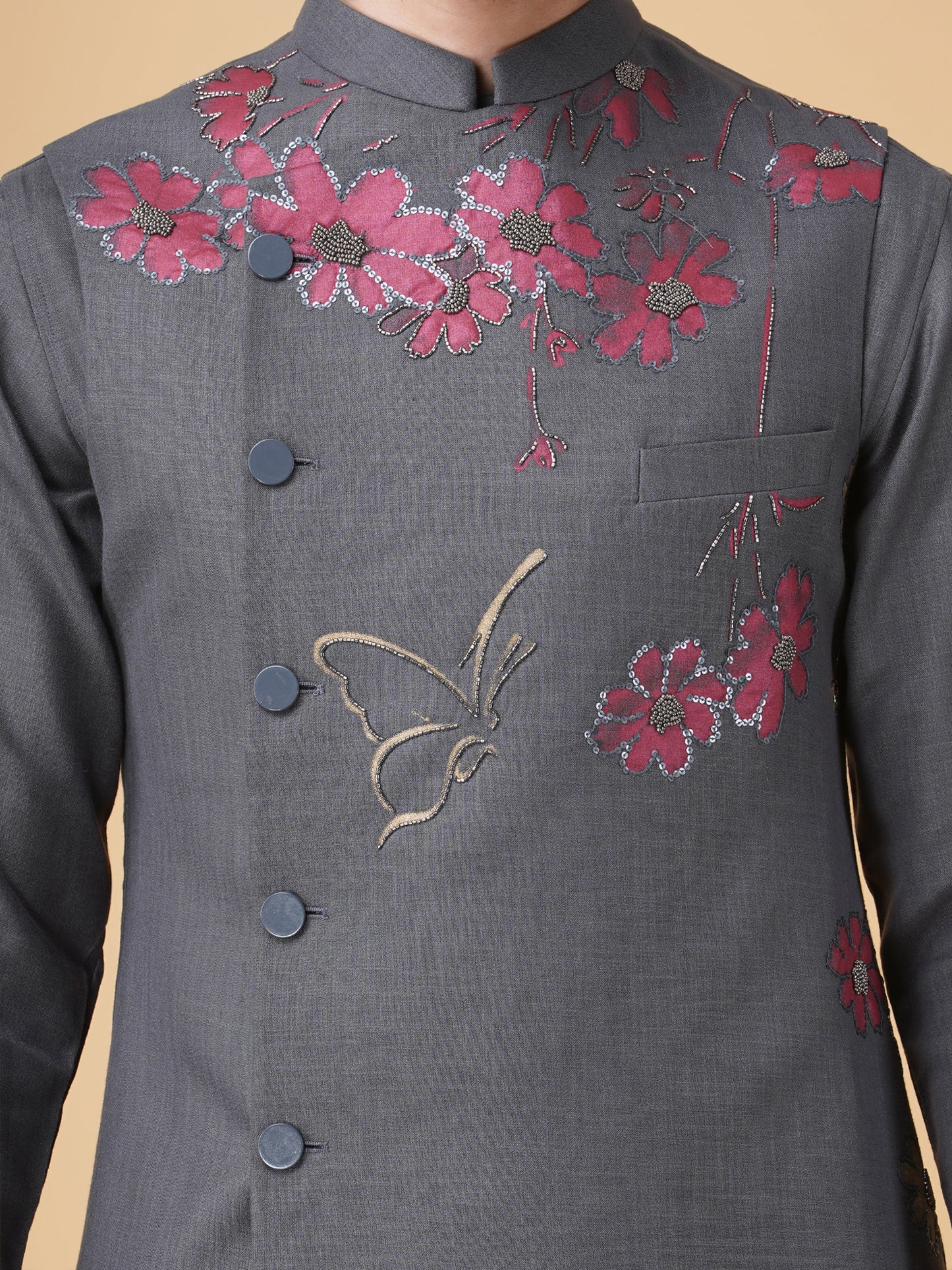 Grey Asymmetric Printed Nehru Jacket Set