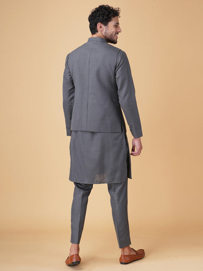 Grey Asymmetric Printed Nehru Jacket Set