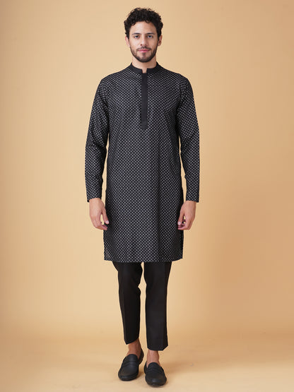 Black Asymmetric Printed Nehru Jacket Set