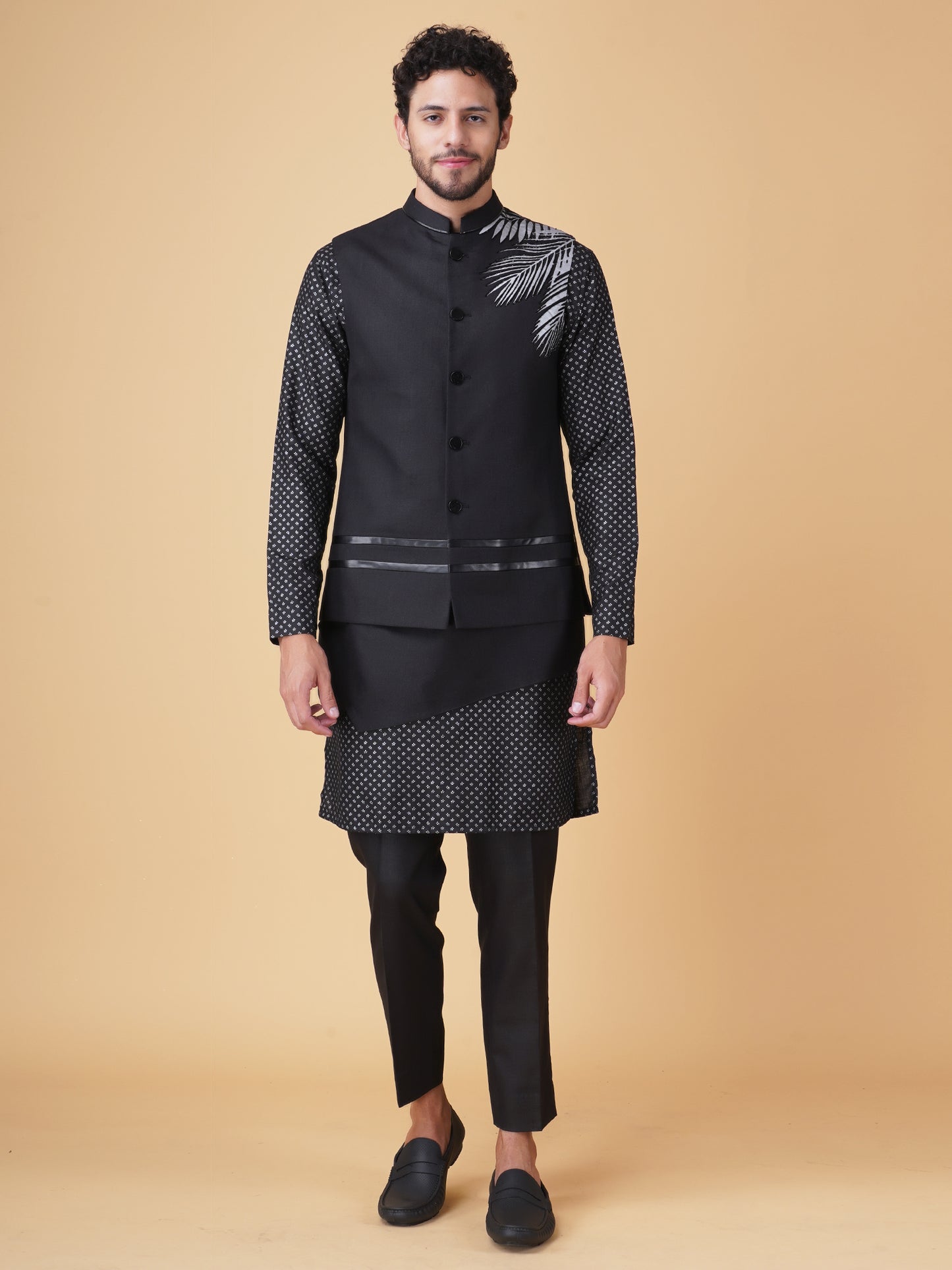 Black Asymmetric Printed Nehru Jacket Set