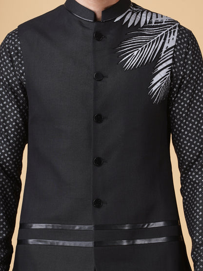Black Asymmetric Printed Nehru Jacket Set