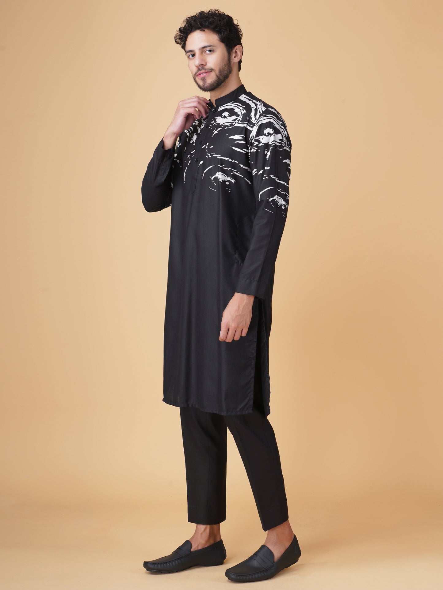 Black Placement Printed Longline Bundi Jacket Set