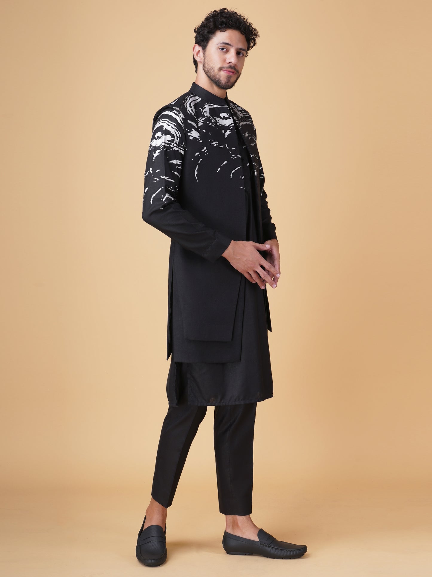 Black Placement Printed Longline Bundi Jacket Set