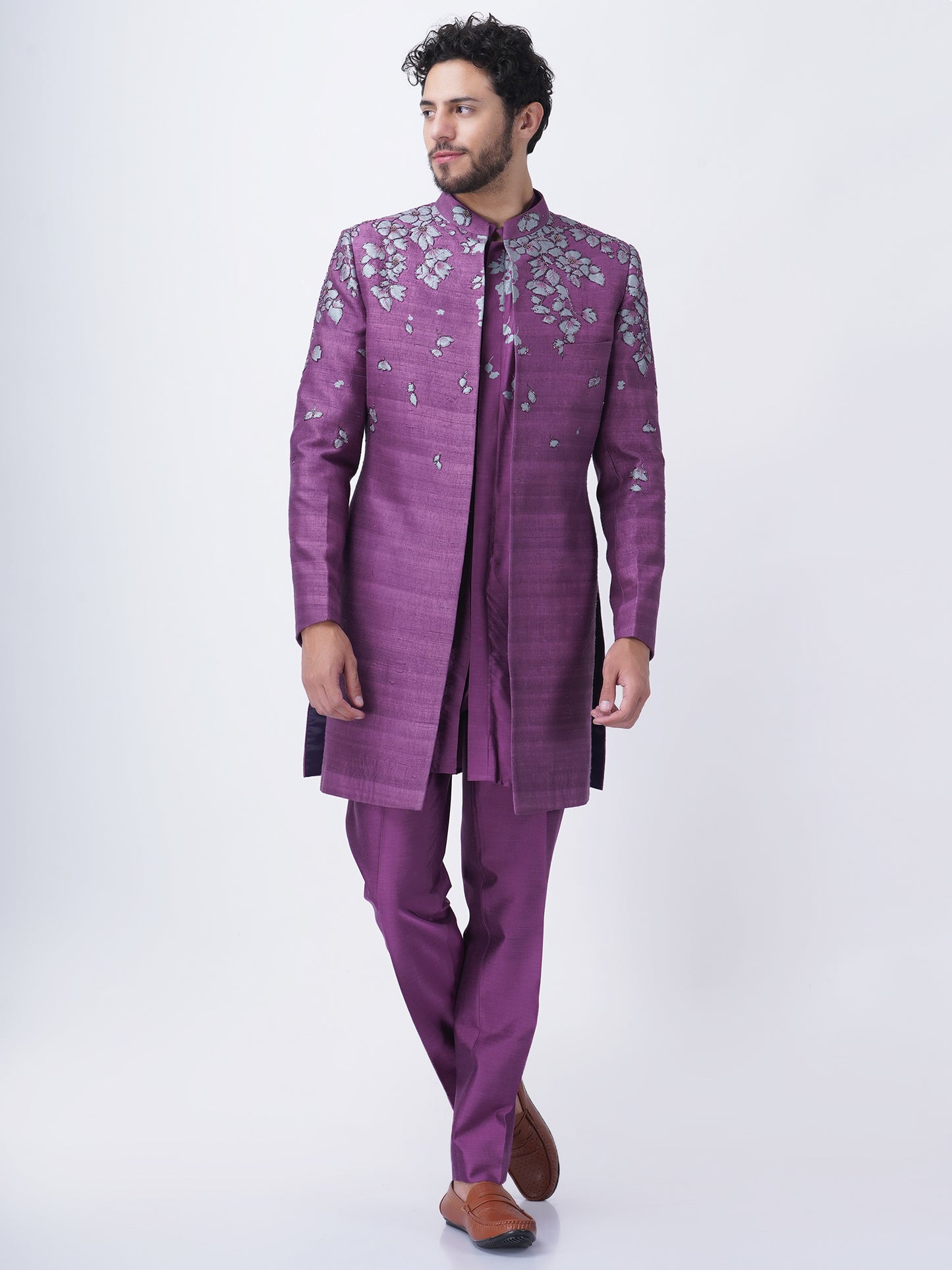 Placement Floral Printed Indo Western Set with Hand Embroidery