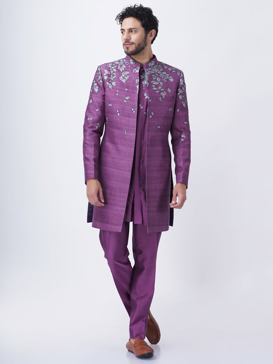 Placement Floral Printed Indo Western Set with Hand Embroidery
