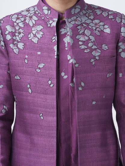 Placement Floral Printed Indo Western Set with Hand Embroidery