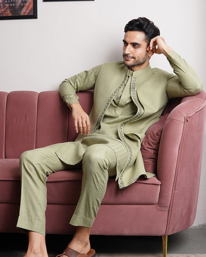 Front Open Panelled Longline Bundi Jacket Set
