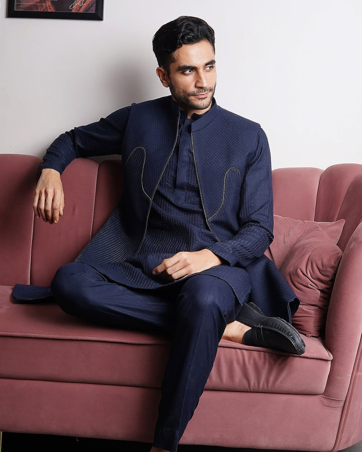 Navy Blue Longline Bundi Jacket Set