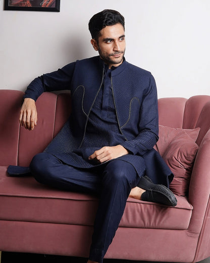 Navy Blue Longline Bundi Jacket Set