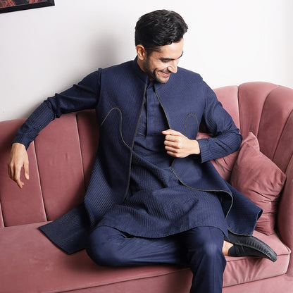 Navy Blue Longline Bundi Jacket Set