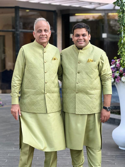 Olive Green Quilted Nehru Jacket Set